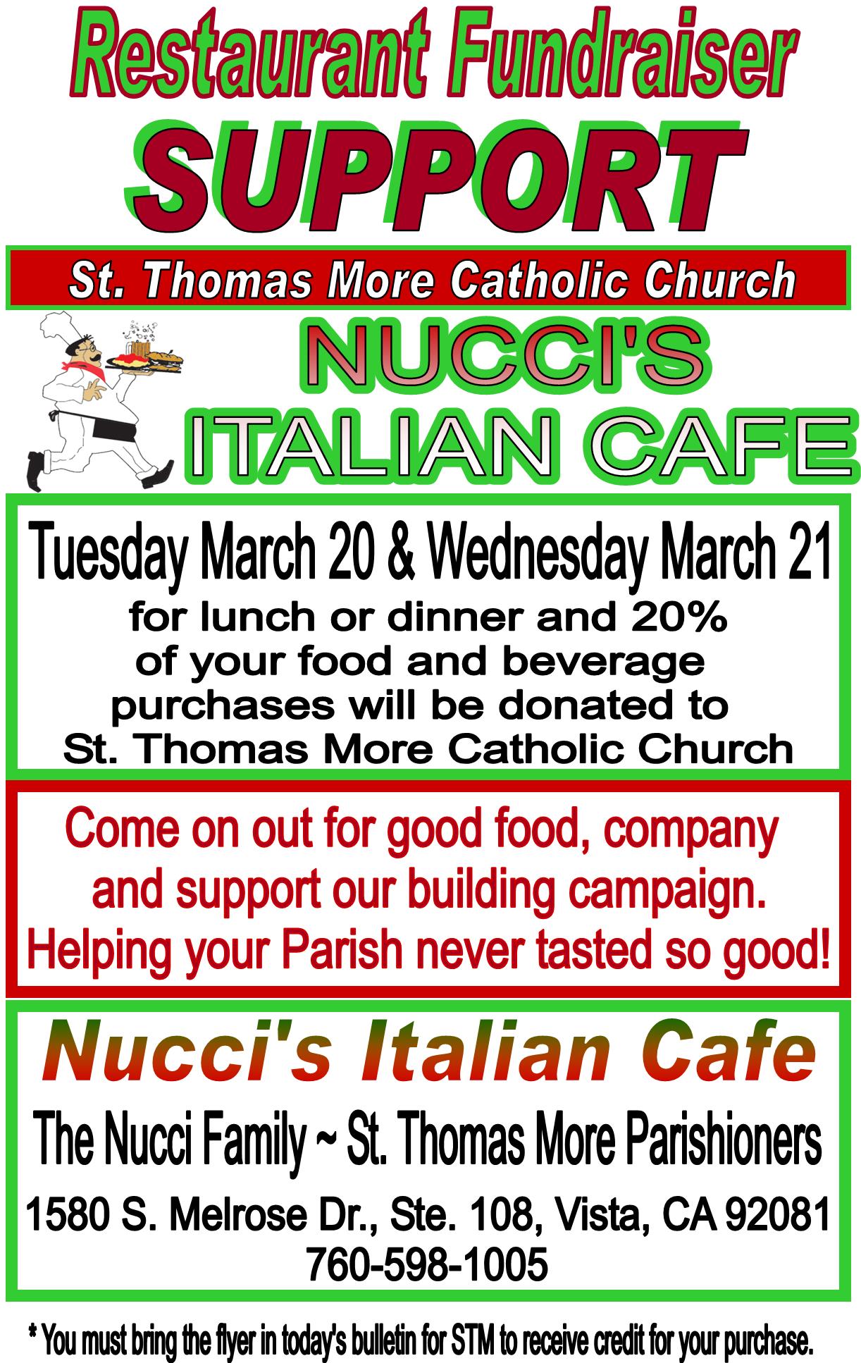 Restaurant Fundraiser at Nucci's in Vista