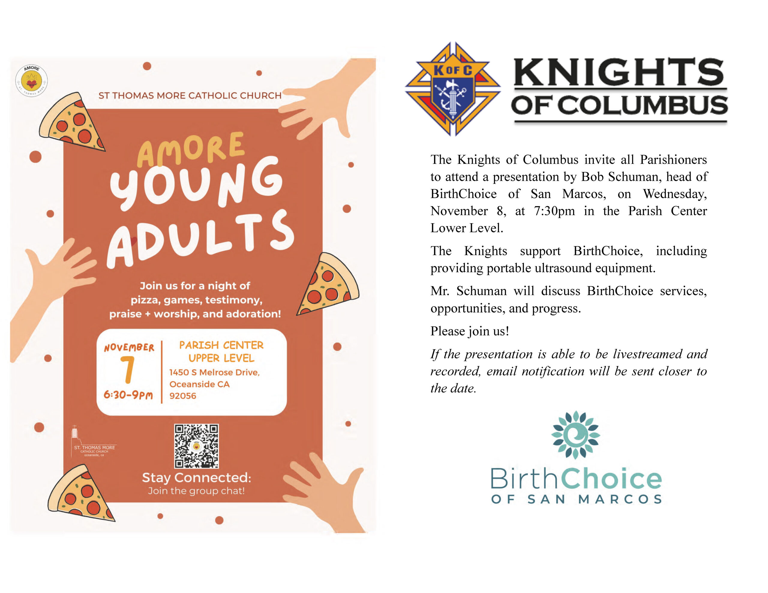 Amore Young Adult Meeting, Tue, Nov 7; Knights of Columbus Presentation, Wed, Nov 8